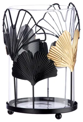 Obrázok produktu pre Svietnik "Ginkgo", motív ginka, kov, čierna farba, balenie obsahuje 2 kusy, výška 19 cm, priemer 12 cm. Číslo položky: 84226, EAN: 4063387842263