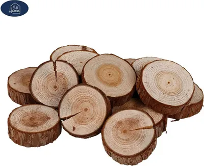 A pile of natural wood slices with visible tree rings and bark.