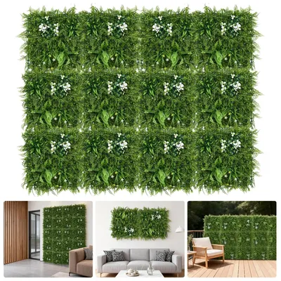 Image de Panneaux muraux en gazon synthétique - Lot de 12 panneaux « haie » - 50 x 50 cm - Mur végétal artificiel pour la décoration d'intérieur et comme fond photo - Vert