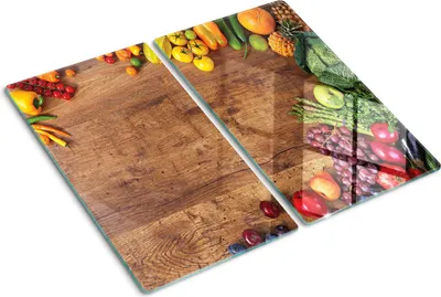 Obrázok produktu pre Sklenená ochranná doska – Kryt varnej dosky – Kryt na indukčnú dosku – 2x30x52 cm – Rýchle čistenie – Tvrdené sklo – Ovocie a zelenina