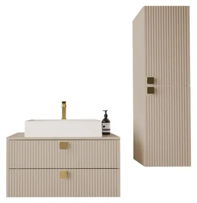 Produktbild von MIRJAN24 Badmöbel-Set Gariano III mit Siphon, Waschbecken, Badezimmerschrank, Waschbeckenschrank, Griffe aus Metall in der Farbe Gold (Farbe: Wüstensand)