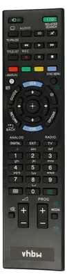 A black remote control with various buttons and labels.