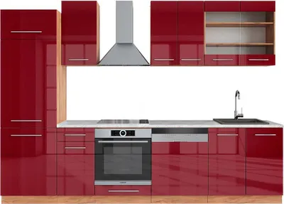 Produktbild von Küchenzeile Vicco Fame-Line Bordeaux Hochglanz/Goldkraft Eiche 300 cm , AP Marmor, Model 42369