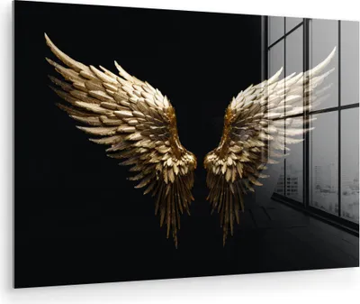 Produktbild von MuchoWow Glasbilder - Bilder auf Wandbild - Foto auf Glas Flügel - Engel - Gold - Schwarz - Abstrakt 120x80 cm Wanddekoration aus Glas - Acrylglasbild - Acrylbilder - Abbildung