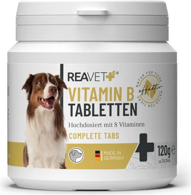 Produktbild von REAVET Vitamin B Komplex Hund 120 Tabs – Hochdosiert mit Vitamin B1, B2, B3, B5, B6, B7, B9, B12, Biotin und Folsäure für schönes Fell, Starke Nerven und Vitalität