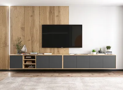 Produktbild von 2 Stk Hängende TV-Schrank  Apollo + Apollo 2  300 TV Hängeschränke Modern Lindner Möbel  300cm x 39cm x 35cm Farbe: Wotan Eiche matt - graphit mat