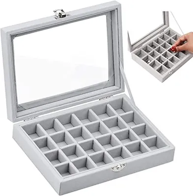 Zdjęcie produktu dla Pudełko do przechowywania biżuterii - Skrzynka na biżuterię - Organizer do biżuterii - 24 regulowane przegródki - 20 x 15 x 4,5 cm - Szare