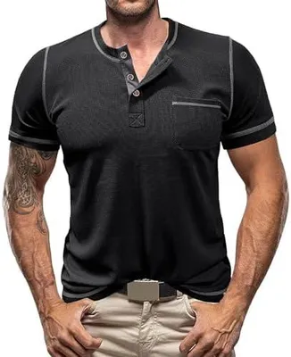Produktbild von Herren-Henleyhemd mit kurzen Ärmeln, lässiges leichtes Slim-Fit-T-Shirt, Muskelshirt und schlichtes Henley-Shirt mit Taschen