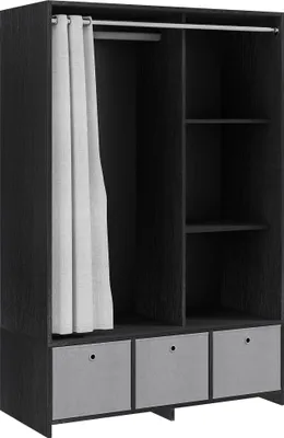 Image de HOMCOM Armoire penderie, dressing avec rideau, armoire chambre vêtement, garde-robe avec tringle, 3 compartiments et 3 tiroirs en tissu amovibles - 105 x 48 x 160 cm, noir