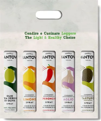 Produktbild von SPRAYLEGGERO Mantova SET (5x200 ml): Natives Olivenöl Extra und Aromatisiert mit Knoblauch, Zitrone, Chili, Schwarzem Trüffel