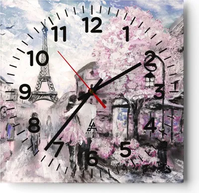 Produktbild von Wanduhr - Quadrat - Glasuhr - Paris Weg Illustration eiffle - 40x40cm - Schleichendes Uhrwerk - Lautlos - zum Aufhängen bereit - Dekoration Modern - Wanddekoration aus Glas - C4AC40x40-3149