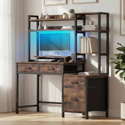 Produktbild von YITAHOME Computertisch LED Schreibtisch mit 4 Schubladen, Steckdose, Aufbewahrungen & Regale, 128x50x150 cm, Braun