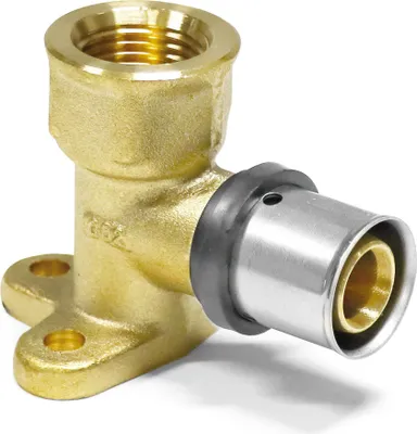 A close-up studio shot of a brass pipe fitting with a silver press fitting attached.