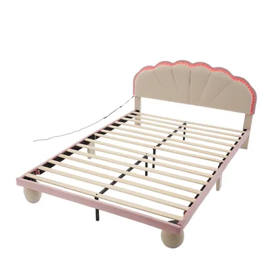 Produktbild von Merax Polsterbett 140x200cm mit LED, Kinderbett mit Blumenform-Kopfteil, Doppelbett mit Lattenrost und runden Beine,Funktionsbett, Samt, Blau/Beige