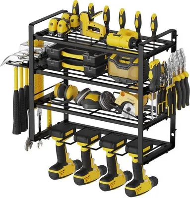 Produktbild von Unyqoos® Robustes Metall-Wandregal, 4 Ebenen 40 x 20 cm – Werkstatt & Garage, 4 Bohrerschlitze, 16–24 Werkzeugplätze, 4 Zusatzhalter & Seitenhaken