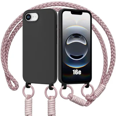 Image de Coque pour iPhone 16e, Protection Silicone Anti-Rayures Souple Noir avec Cordon Rose