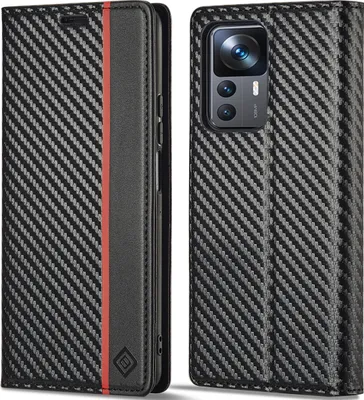 Produktbild von Hülle für Xiaomi 12T / 12T Pro / Redmi K50 Ultra Kohlefaser Leder Brieftasche Schutzhülle mit Standfunktion Schwarz Vertikale Rot
