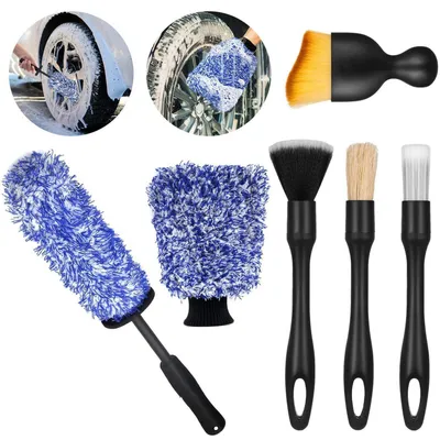 Produktbild von Reinigungsset Auto Mikrofaser Felgenbürste mit Detailpinsel und Waschhandschuh Blau 6-teilig