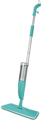 A turquoise spray mop with a silver handle and a clear water tank, isolated on a white background.