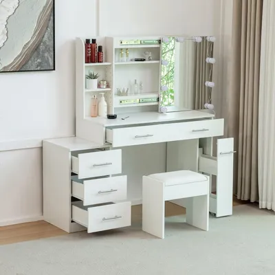 Produktbild von Schminktisch mit Schiebespiegel, 5 Schubladen, offenen Regalen, Hocker, Weiß