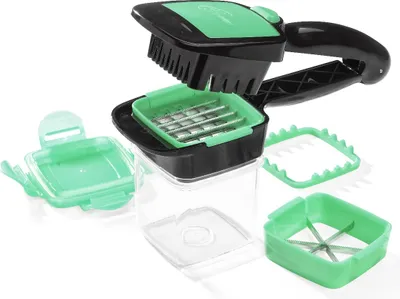 A multi-part vegetable chopper with interchangeable blades and containers, displayed against a white background.
