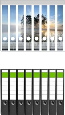 Produktbild von Wallario 8 Stück schmale Ordner inkl. Klebeetiketten mit Motive Stiller See mit Insel im Morgennebel -  Set mit Rückenschildern / Ordnerrücken Stickern
