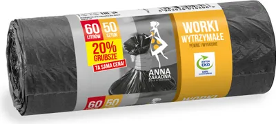 Zdjęcie produktu dla Worki na śmieci Anna Zaradna wytrzymałe 60L 50 sztuk czarne