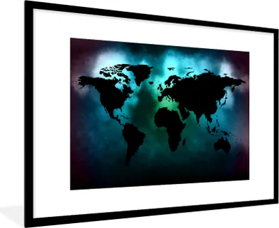 Produktbild von MuchoWow® MuchoWow® Gerahmtes Poster Weltkarte - Schwarz - Grün 90x60 cm - Poster mit zchwarzem Bilderrahmen - Wanddekoration - Fotos