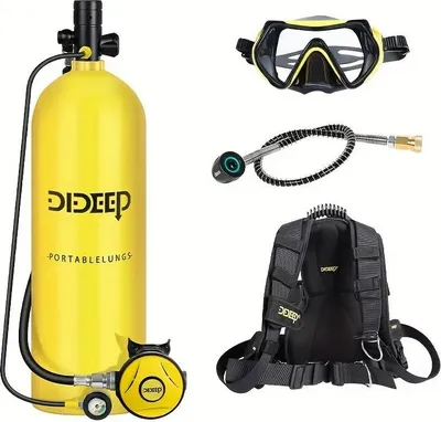 Produktbild von Mini Tauchflasche Set - 4 l Druckluftflasche - 40–60 Min Tauchzeit - 200 bar Arbeitsdruck - Nachfüllung mit Elektropumpe - 4-teiliges Set - Gelb