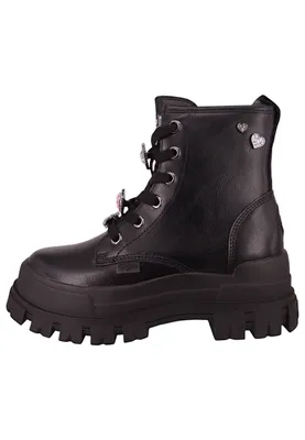A black leather boot with a thick sole and laces.