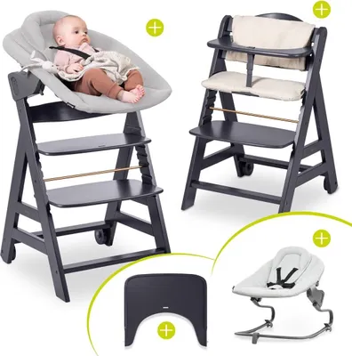 A collage of a baby high chair with different attachments and a baby in a bouncer.