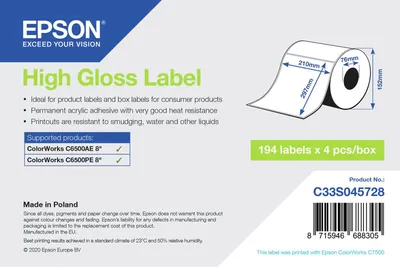 Immagine prodotto di Epson High Gloss Label - Die-Cut Roll: 210mm x 297mm, 194 labels