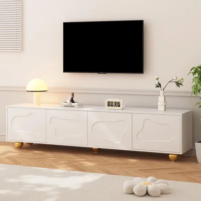 Image de MODFU Meuble TV, 2 Armoires, 4 Portes, Pieds Métal, Design Moderne - Compatible Télévision Jusqu'à 75 pouces, 180x40x45 cm, Blanc