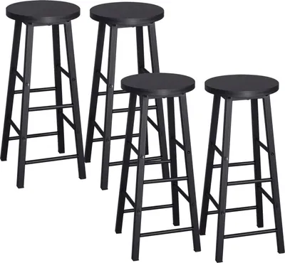 Four black bar stools are arranged in a group against a white background.