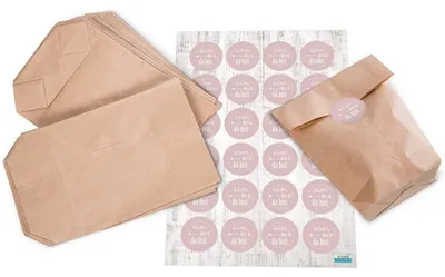 Produktbild von 24 weiße Gastgeschenk Papiertüten Papier-Beutel 16,5 x 26 x 6,6 cm + 24 runde Aufkleber 4 cm schwarz weiß - Danke + SCHÖN DASS DU DA BIST als Gastgeschenke Verpackung, give-aways"Schön, dass du da bist" rosa, weiß