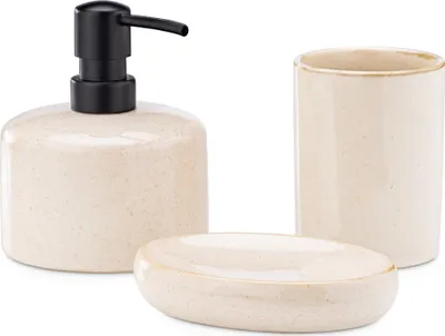 Produktbild von Navaris Badezimmer Set 3-teilig Sandoptik - dekoratives Badzubehör mit Zahnputzbecher, Seifenspender & Seifenschale - Bad Accessoires Sand Optik