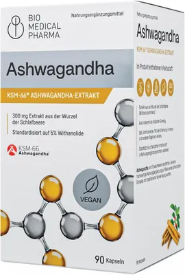 Produktbild von Ashwagandha KSM-66 Kapseln hochdosiert – 600mg Wurzelextrakt (5% Withanolide) – 24 klinische Studien – labor, vegan, ohne Zusätze, 90 Kapseln
