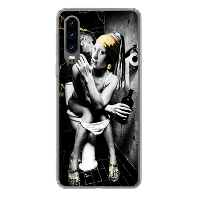 Produktbild von MuchoWow® Handyhülle Schutzhülle Hülle für Huawei P30 Marmoroptik - Mädchen mit Perlenohrring - Zigaretten - Toilette - Gold - Kunst - Alte Meister Silikon Softcase Handy Hülle - Kartenbesitzer