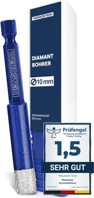 Produktbild von WERKSTEIN Fliesenbohrer 10mm mit Diamantkrone - Langlebiger Bohrer für Fliesen, Glas, Keramik, Porzellan - Diamantbohrer mit Sechskantschaft