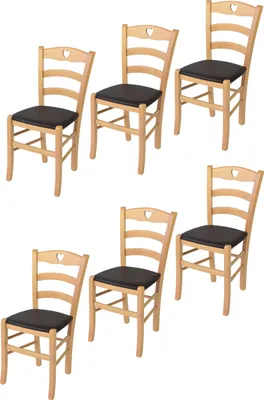 Obrázok produktu pre t m c s Tommychairs - sada 6 stoličiek CUORE do kuchyne a jedálne, robustná konštrukcia z lakovaného bukového dreva v prírodnej farbe a čalúnený sedák potiahnutý imitáciou kože vo farbe Moka