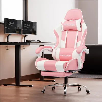 Obrázok produktu pre Ergonomická herná stolička s masážnou funkciou, opierkou nôh a ružovým koženým čalúnením