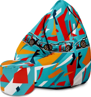A bean bag chair and ottoman with a colorful geometric and car-themed pattern, set against a white background.