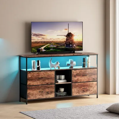 Produktbild von ProximaX TV Lowboard 108x76,8 cm mit RGB LED, Industrial Fernsehtisch, TV-Schrank mit 4 Schubladen & offenen Fächern, klein, platzsparend, rustikal
