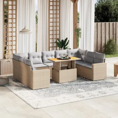 Produktbild von Design 10-tlg. Garten-Sofagarnitur mit Kissen Beige Poly Rattan, Gartenmöbel-Sets 2024 Neu