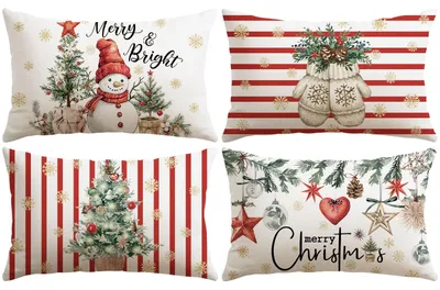 Weihnachtskissenbezüge 30x50 cm, 4er-Set, Weihnachtsbäume, rot gestreift