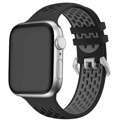 Produktbild von CubeNest Apple Watch Sportarmband Silikon, Schwarz Grau, für 42/44/45mm & Ultra 49mm, Stegbreite 35mm, Armbandbreite 21mm, Länge 208mm (inkl. Verschluss), max. Handgelenk 21cm, leicht, atmungsaktiv, für Sport & Alltag, einfacher Wechsel