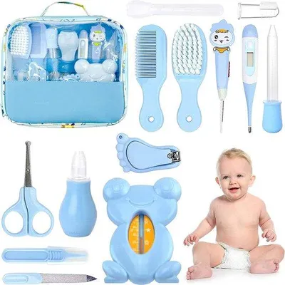 Produktbild von Unyqoos® 13‑teiliges Baby-Pflegeset für Neugeborene – inkl. weicher Babybürste, Nagelset, Thermometer & Tragetasche