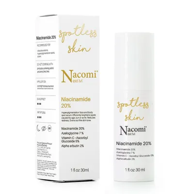 A product shot of a bottle and its box for a skincare product.