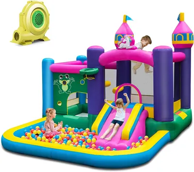 Produktbild von Einhorn Aufblasbare Hüpfburg mit 680 W Gebläse, Wasserpark mit Planschbecken & Rutsche & Springbereich, Spielburg mit Reparaturset & Tragetasche, Hüpfschloss 390 X 330 X 270 cm