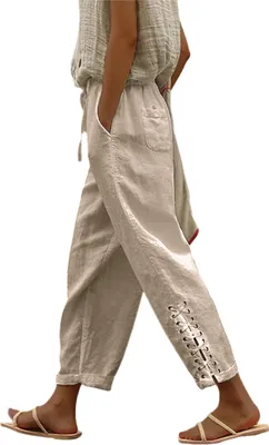Obrázek produktu pro ASKSA Dámské plátěné kalhoty 7/8 Letní lehké plátěné kalhoty Baggy Casual Kalhoty s kapsami, Camel, vel: M